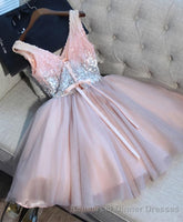 Cute Pink V Neck Tulle Seqsuins Short Semi Formal Prom Dress, Cocktail Dress